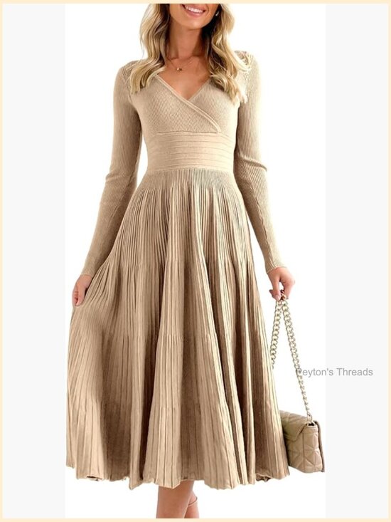 Dresses & Skirts - Long Sleeve Midi Sweater Dress Wrap V Neck Pleated A Line Fit Flare Knit Maxi